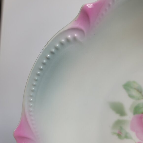 Koenigszelt Silesia Serving Bowl 9 Inch Pink Roses Green Leaves Beaded Boarder - Picture 11 of 15